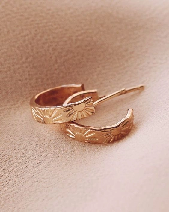 Sun Stamped Hoops Earrings 14K Gold Filled Sterling Silver E1286